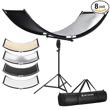 K&F CONCEPT U-Shape Reflector Curved Reflector 180x60cm with 4-in-1 Reflective Fabric, Black/Gold/White/Silver, with 1.9m Stand, with Storage Bag, for Photography Studios