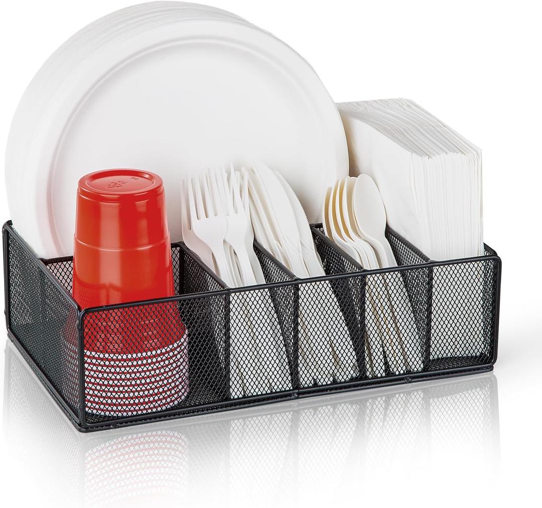 Paper Plate Organizer for Countertop, Metal Silverware Caddy for Cup, Napkin, Fork, Spoon, Paper Plate and Utensil Holder, Cutlery Caddy for Party, Camping, Picnic (Black)