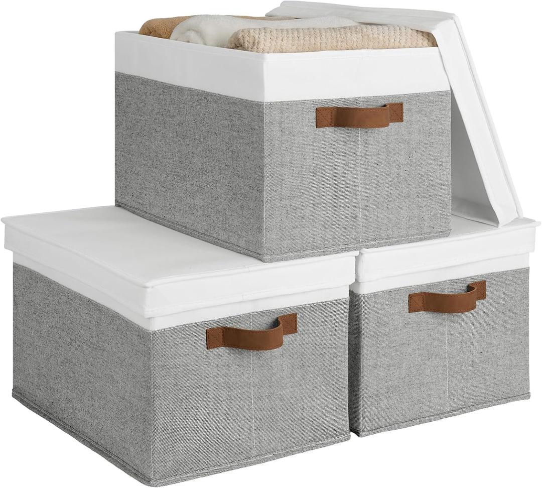 StorageWorks Storage Bins with Lids, Decorative Storage Boxes with Lid and PU Handles, Foldable Storage Baskets for Closet, Shelves, Stackable, Gray and White, Jumbo, 3-Pack