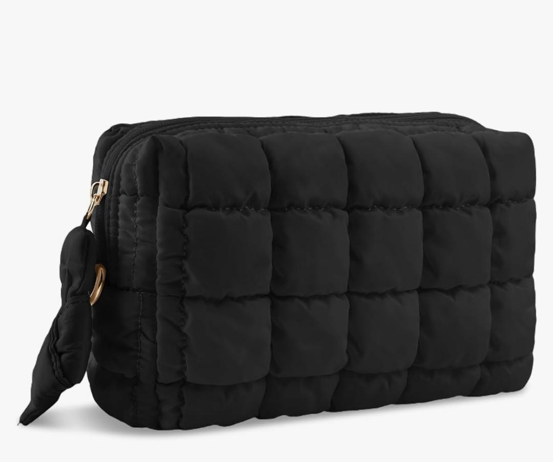 Puffer Quilted Makeup Bag Cosmetic Bags,Puffy Travel Toiletry Pouch for Women,Cute Checkered Zipper Bag Travel Essential,Portable Aesthetic Make up Organizer Bag for Gifts Work Daily(Black,M)