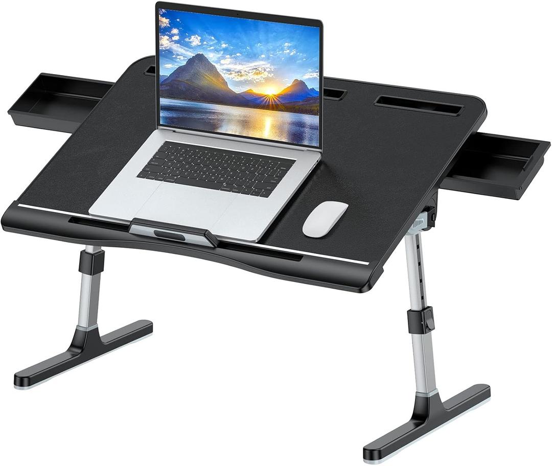 Laptop Bed Tray Table [Luxury PVC Leather], Adjustable Laptop Desk for Bed, Foldable Lap Desk for Laptop with 2 Drawers, Multifunctional Table for Working, Eating, Writing, Gaming, Drawing (X-Large (15.7"x23.6"), Black)