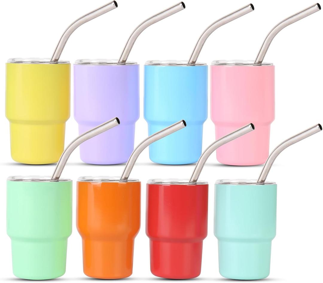 Primo Lines 8 Pack Mini Tumbler with Straw, 3oz Mini Tumbler Shot Glass with Lid, Colored Small Stainless Steel Insulated Sublimation Shot Glasses for Bachelorette Wedding Party Hot & Cold