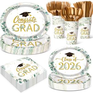 Pajean 350 Pcs Class of 2026 Greenery Graduation Party Decorations 12 inch Disposable Sage Green Leaves Oval Plates Napkins Green Heavy Duty Paper Tableware Set for 50 Guests Grad Party Supplies