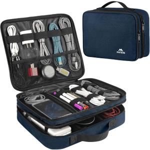 MATEIN Cord Organizer Travel for Men, Large Travel Accessories Changer Case for Cables, Cell Phone and Tablet (Up to 12.9inch), Portable Double Layers Cable Organizer Box, Navy Blue, Tech Gifts