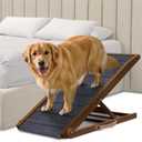 Adjustable Dog Ramp for Bed - Foldable Wooden Ramp for Dogs to Get on Bed, Couch, or Car with 16.5" Wide Walking Space (Walnut Wood with Gray Carpet, Large)