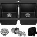 KRAUS Quarza 33-inch Drop-In/Undermount 50/50 Double Bowl Granite Kitchen Sink in Black Onyx, KGD-433B