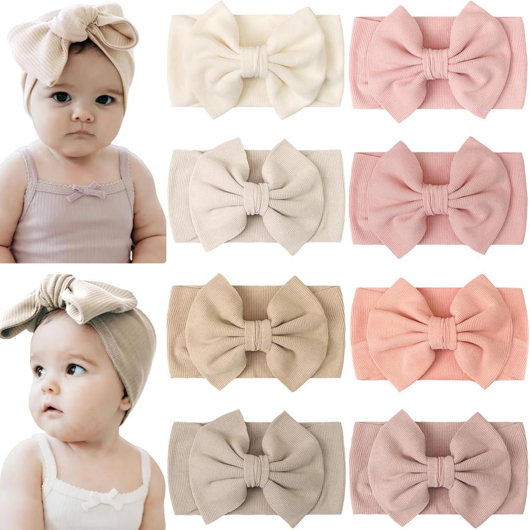 CLLOT 8 Colors Super Stretchy Soft Knot Baby Girl Headbands with Hair Bows Nylon Head Wrap For Newborn Baby Girls Infants Toddlers Kids