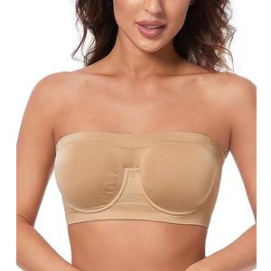 HACI Women's Non Padded Strapless Bra Underwire Bandeau Seamless Multiway Supportive Tube Top,L, Beige