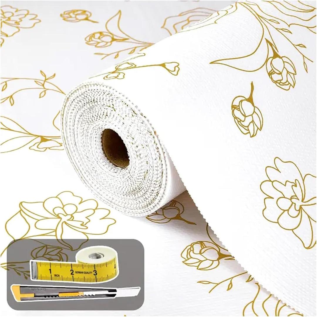 2 x Shelf Liners for Kitchen Cabinets 12in x 20FT Non Adhesive Drawer Liner Gold Floral Thickened Shelf Liner Paper Strong Non-Slip Easy to Clean for Tool Box Refrigerator with Knife and Tape Measure