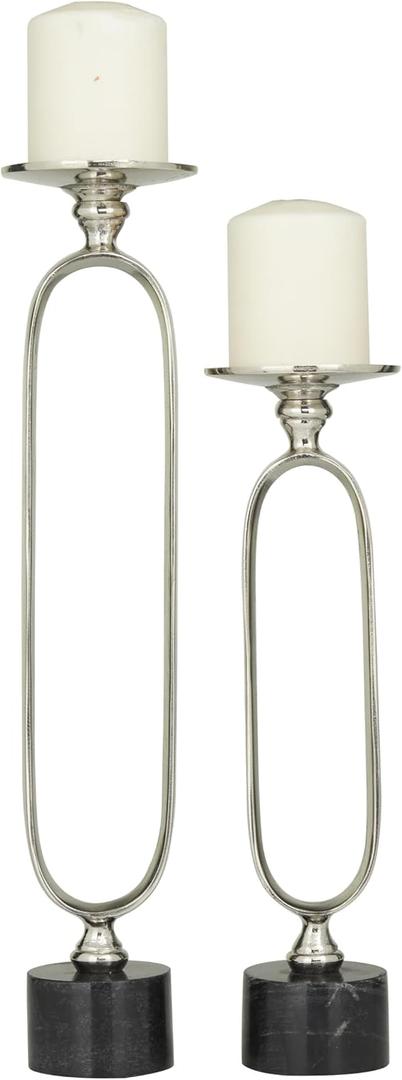 Deco 79 Aluminum Metal Decorative Candle Holder Paper Clip Pillar Candle Stand with Marble Base, Set of 2 Candlestick Holder 19", 15" H, Silver