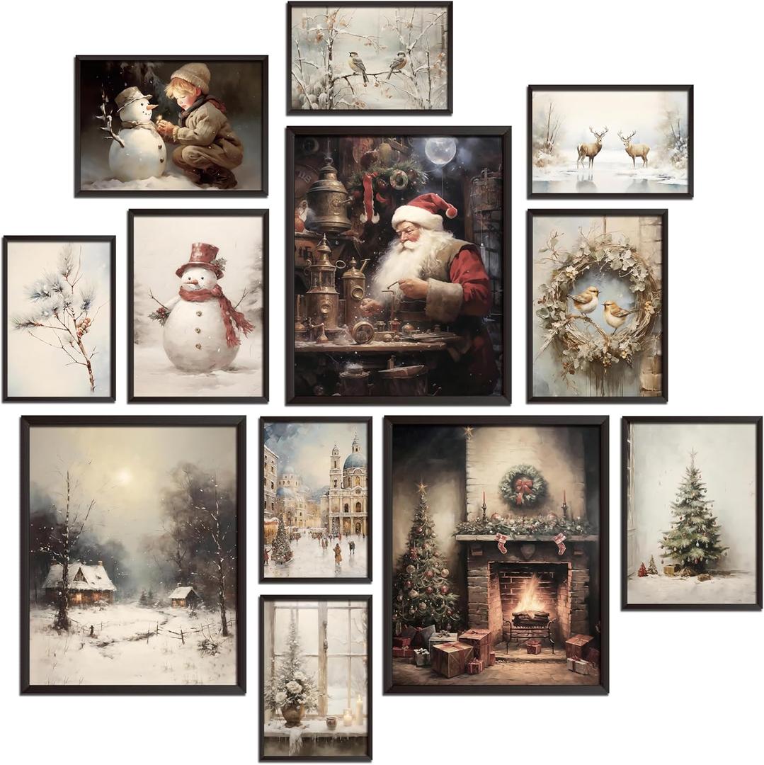 Skyists Vintage Christmas Wall Art Prints Christmas Wall Decor, Reindeer, Pine TreeSanta Claus, Snowman, Winter Scene Decorations for Living Room, Bedroom (Unframed), 8X10-5X7-4X6