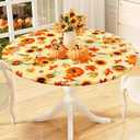 misaya Round Fitted Tablecloth with Elastic Edge, 100% Waterproof Oil Proof Plastic Table Cover, Vinyl Flannel Backed Tablecloth Fits 36"-44" Round Tables for Dinner, Outdoor, Picnic, Blue Leaves