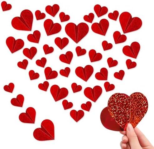 60 Pcs 3D Heart Wall Stickers,Valentine's Day Wall Decorations Waterproof Red Heart Wall Decals PVC Wall Stickers for Wedding Anniversary Party Bedroom School Office Decorations（ Sequined), Set of 2