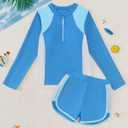 Mioglrie Girls Bathing Suits Size 7-8 Kids Swimsuits Girls Zipper Long Sleeve Swimsuit Blue Beach 2 Piece Swim Suit Shorts Set (Blue)