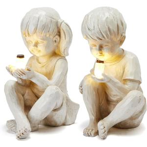 Large Garden Children Statues Light Up Firefly Jar Solar Powered | Set of 2 Figurines | Girl & Boy Garden Yard Art Dcor, Indoor & Outdoor Ornament Gifts for Lawn, Patio , 7.5" W x11. 8H Cream Gift