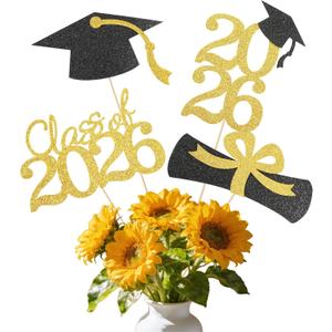 Graduation Decorations 2026, Gold Graduation Centerpiece Sticks, 16pcs Class of 2026 Party Table Toppers Grad Cap Sticks Centerpiece Table Decorations for High School College Graduation Party Supplies