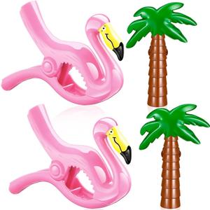 4 Pieces Beach Towel Clip Jumbo Size Chair Clips Towel Holder Clothes Pegs Christmas Stocking Clamp for Cruise Patio Pool Holiday Vacations(Flamingo, Coconut Palm,Pink, Green) (Pink, Green, Flamingo)