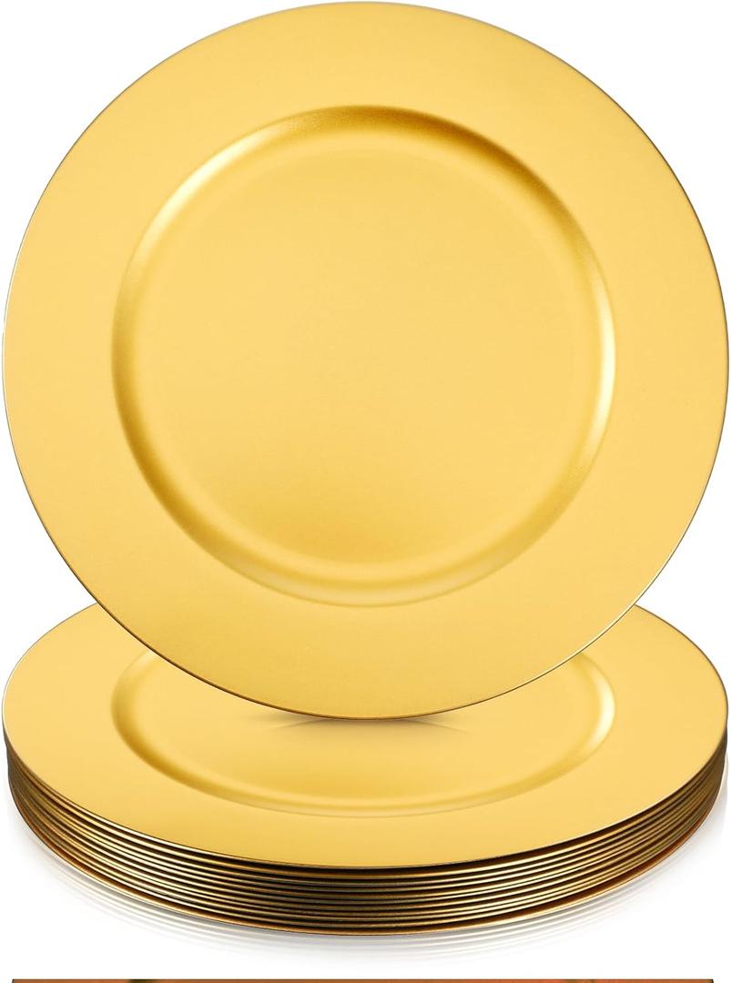 Josojoou 12Pcs Gold Charger Plates, 12.8" Round Gold Chargers Bulk, Disposable Plastic Charger Plates, Dinner Dish for Wedding Holiday Party Baby Bridal Shower Event Decoration