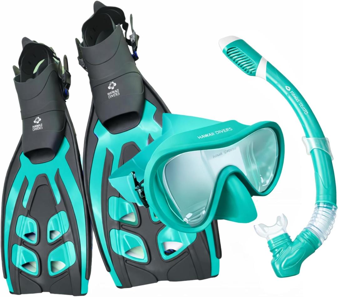 Deep Sea Adult - Snorkeling Set, Tempered Glass Snorkel Mask, Dry-Top Snorkel Gear, Adjustable Fins (Small-Medium, Teal/Black)