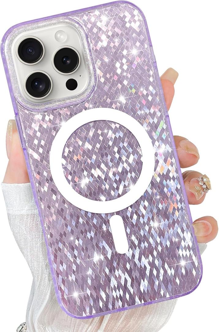 for iPhone 16 Pro Max Case Glitter, Compatible with Magsafe, Bling Sparkly Shiny Diamond Grid for Women Girls Protective Magnetic Phone Cover, Purple