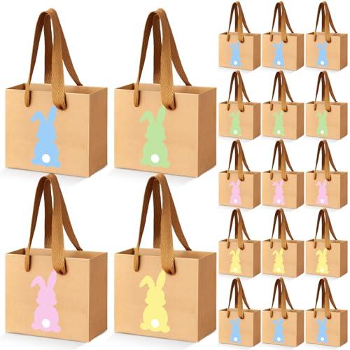 Tenceur 24 Pieces Mini Kraft Easter Gift Bags with Handle 4.72 x 3.94 x 2.36 Small Bunny Paper Treat Bags for Easter Party Favor Supplies Gifts Wrapping