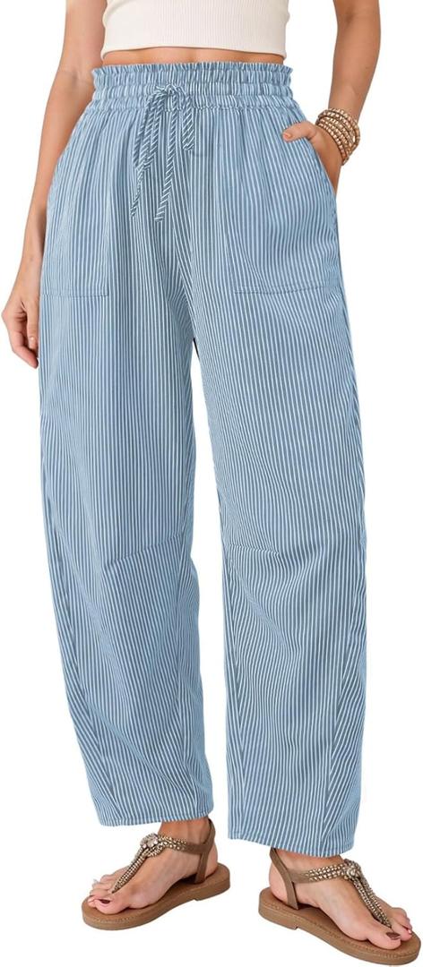 Dokotoo Women's Striped Barrel Casual Pants High Waisted 2026 Elastic Drawstring Trousers, Size L