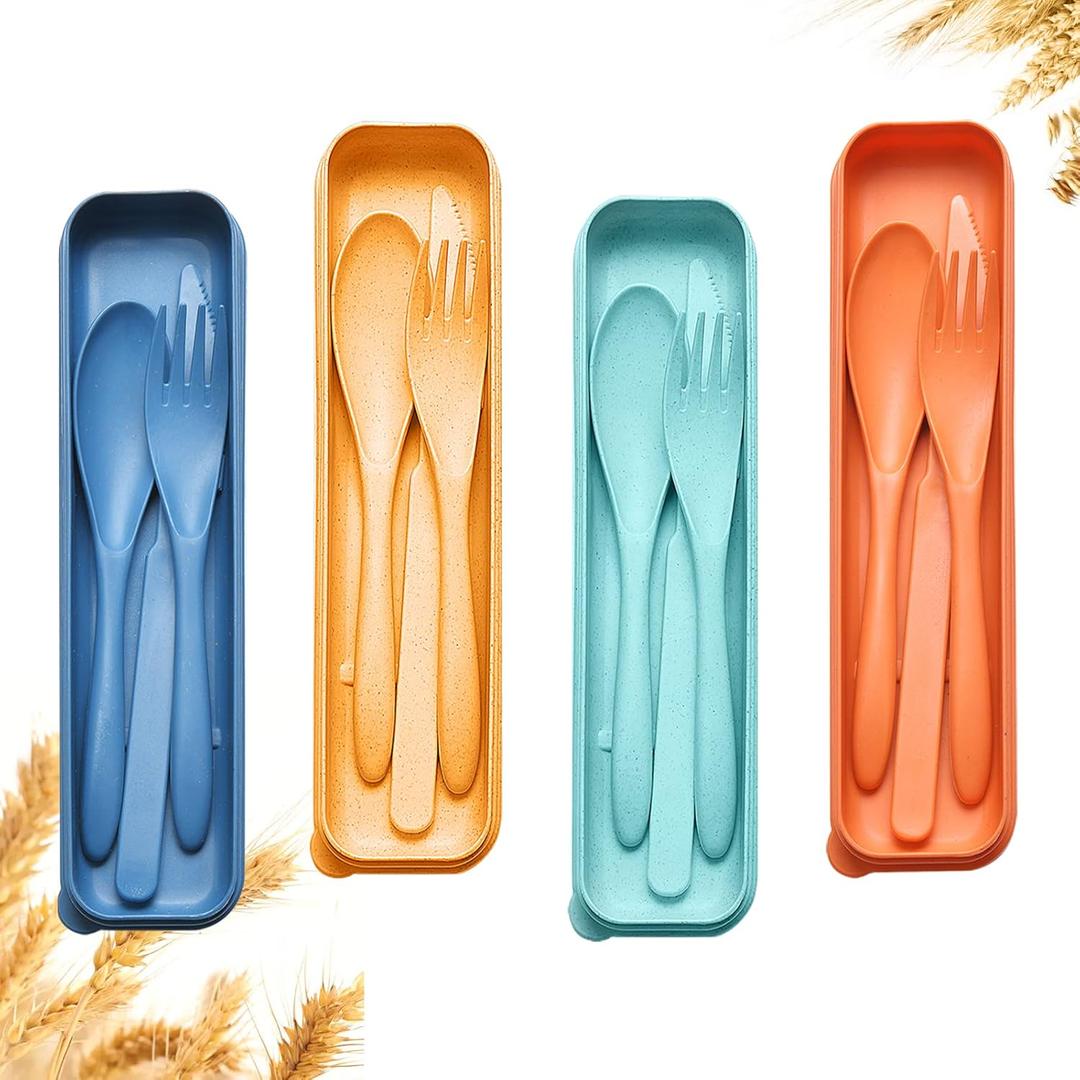 Reusable Travel Utensils Set with Case, 4 Sets Wheat Straw Portable Knife Fork Spoons Cutlery, Eco-Friendly BPA Free Plastic Tableware for Kids Adults Travel Picnic Camping Utensils (4 Sets - Dark Green, Orange, Yellow, Dark Blue)