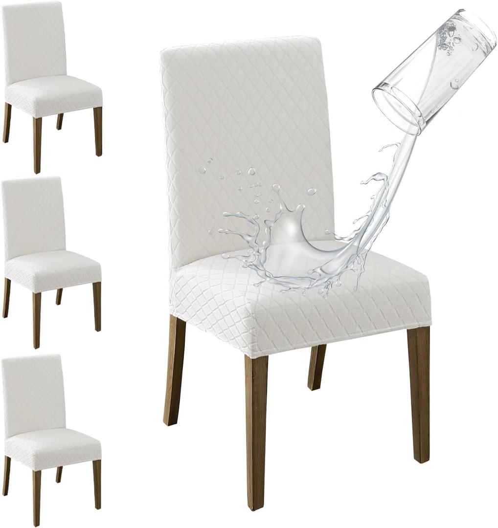 MOSAYT 100% Waterproof Dining Room Chair Covers Set of 4, Super Fit Stretch Jacquard Parson Chairs Slipcovers Removable Washable Chair Seat Protectors for Home, Kitchen, Banquet (White - XL)