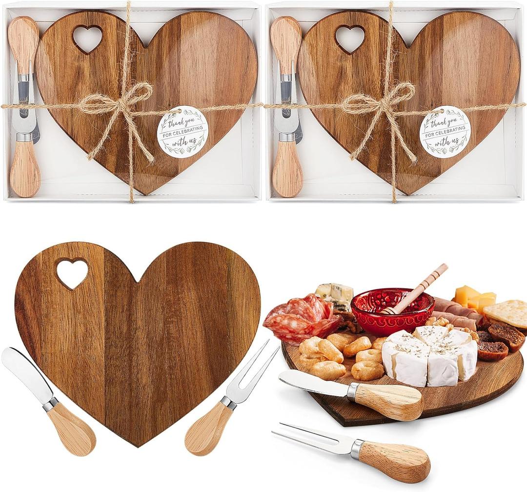 Patelai 2 Set Bridal Shower Favor Heart Cheese Board Cheese Knives Wood Mini Charcuterie Board Thank You Gift Box for Guest Bridal Baby Shower Prize Wedding Birthday Valentines (Acacia Color)