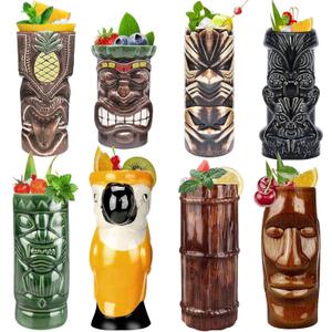LINALL Tiki Mugs Cocktail Set of 8 Ceramic TIKI Mugs Hawaiian Party Cute Exotic Cocktail Glasses Hawaiian TIKI Mug TKSET0080 (8 Pack)