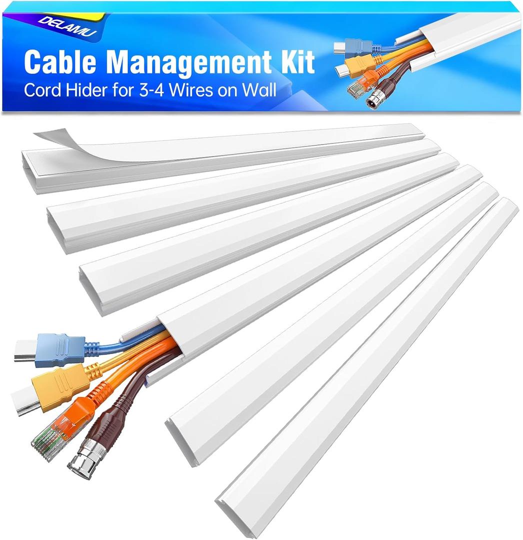 Delamu Cord Hider, Cord Covers for 3-4 Wires on Wall, Large Cable Hider Cable Management, Easy Set up Wire Hiders Wire Covers for Cords on Wall, TV Cables Cover Raceway, 6X W1.18 H0.67in, White