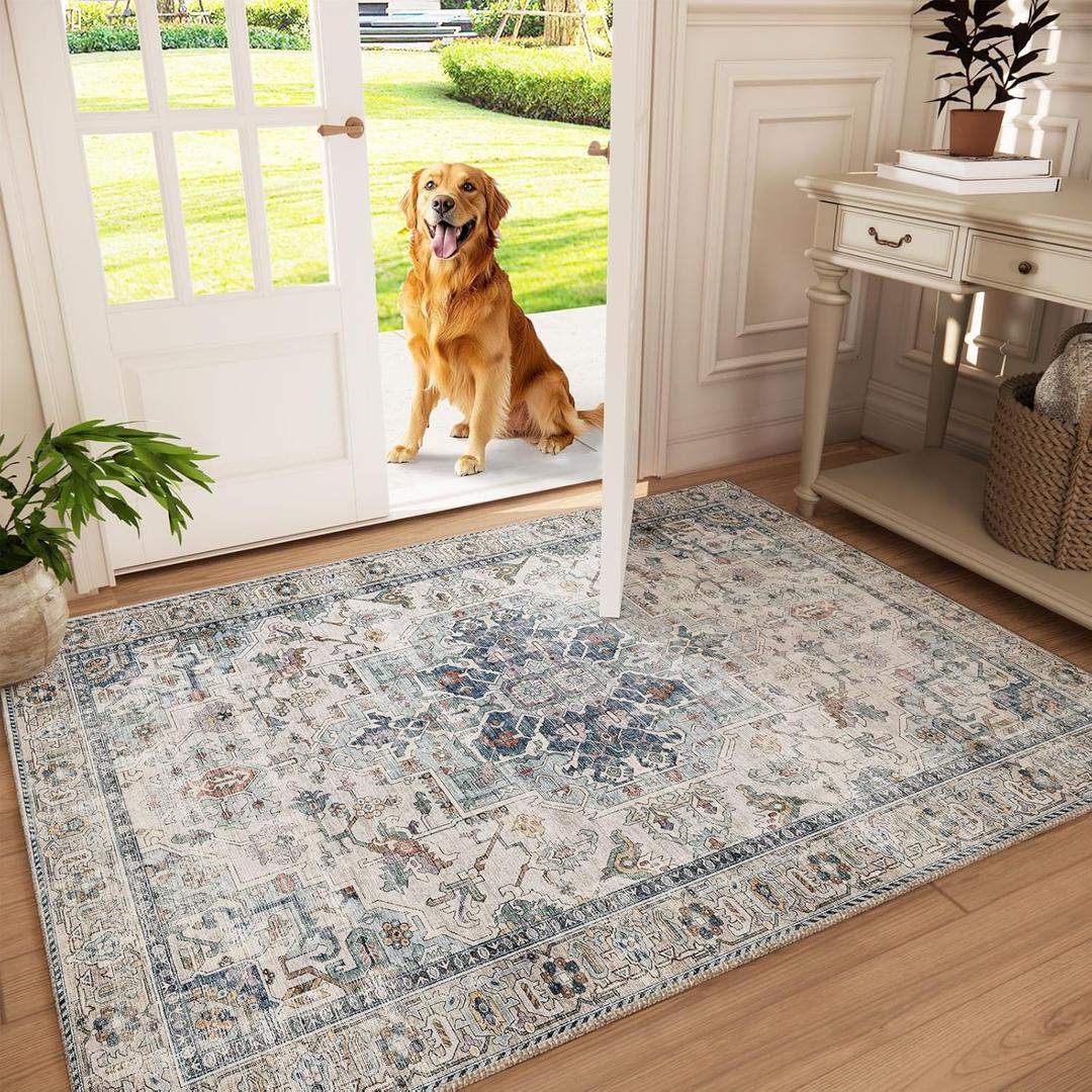 Machine Washable Throw Rugs for Entryway: Door Mat Indoor Entrance 3x5 Small Rug Stain Resistant Non-Slip Low Pile Soft Carpet for Kitchen Front Door Indoor Entry Bathroom Bedroom (Blue and Cream)