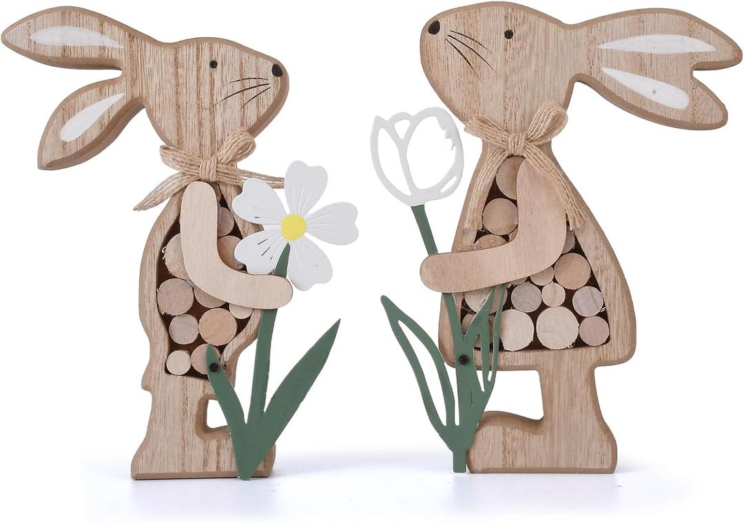 Easter Decorations for Table, Farmhouse Rustic Wooden Bunny with Metal Flower Tiered Tray Decor Spring Party Outdoor Indoor Decor for Table Tabletop Shelf Mantel Yard, Easter Gifts for Kids (Brown)