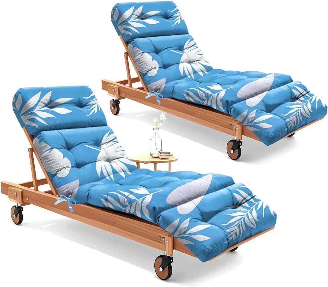 Outdoor Lounge Chair Cushions Set of 2 Waterproof 75.1x22.8x4.7" Blue Leaf | 600D Oxford Fabric, Cotton Filling, Replacement Patio Pool Cushion with Ties, Suitable for Furniture Chaise Lounge Chairs, 2 Pack