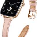STIROLL Slim Leather Bands Compatible with Apple Watch Band 38mm 40mm 41mm 42mm(Series 11 10), Top Grain Leather Watch Thin Wristband for iWatch SE 9 8 7 6 5 4 3 2 1 (Pale pink with Gold)