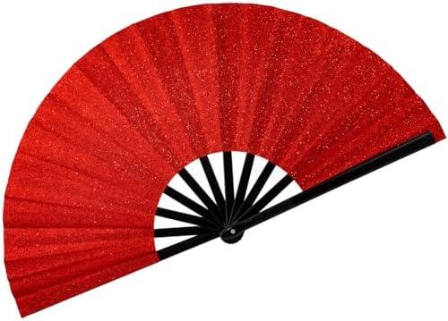 13" Glitter Large Rave Fans Clap Fans for Line Dancing Folding Clack Handheld Foldable Decorative Fans Hand Fan for Dance, EDM Music Festivals & Parties(Red) 2 Pack