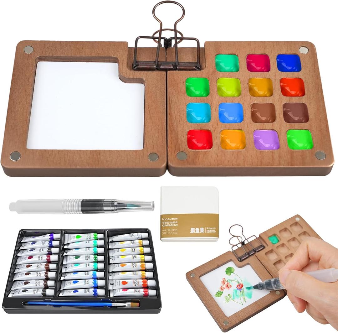 Mini Paint Palette Travel Kit,Mini Travel Watercolor Palette Set,Pocket Artist Acrylic colour Sets with Watercolor Pens,Binder Clips, Include 24 Colors Paint for Beginners Artists