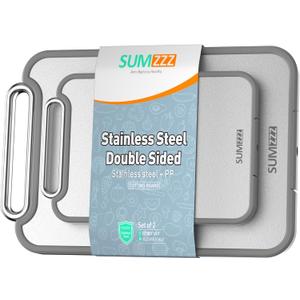 Stainless Steel Cutting Board for Kitchen, 2-in-1 Double-Sided Chopping Board, Food Grade Stainless Steel/PP (Silver, Set of 2(S+M))