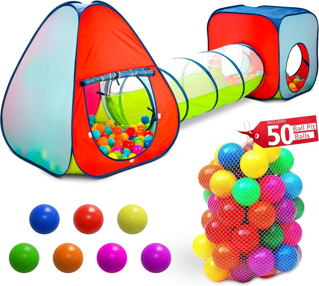 Kids Play Tent with 50 Balls 3-Piece Tunnel & Ball Pit Combo Indoor/Outdoor Pop-Up Set with Mesh Panels & Carry Bag, 39 inches x 39 inches x 38.99 inches