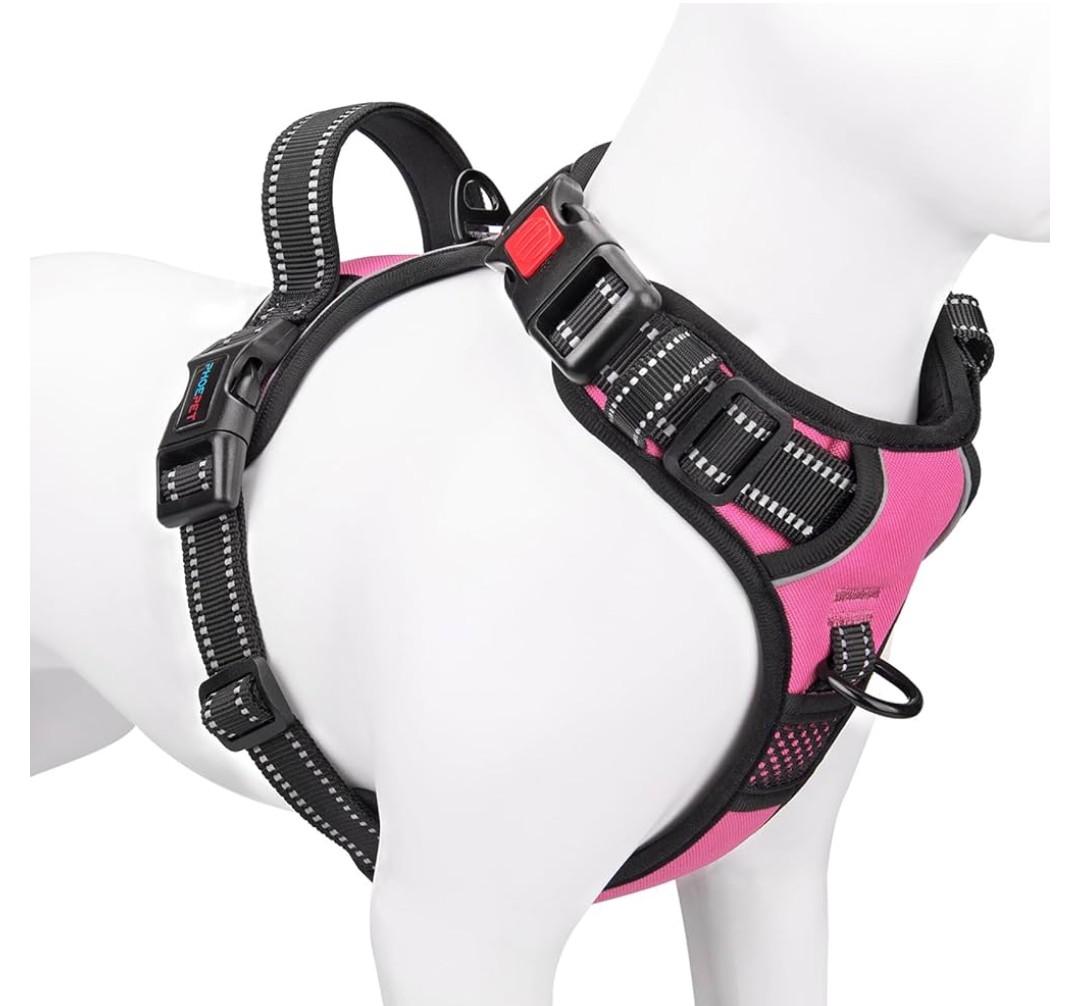 PHOEPET Reflective Dog Harness Large Breed Adjustable No Pull Vest with Handle 2 Metal Rings 3 Buckles [Easy to Put on & Take Off](L, Pink)