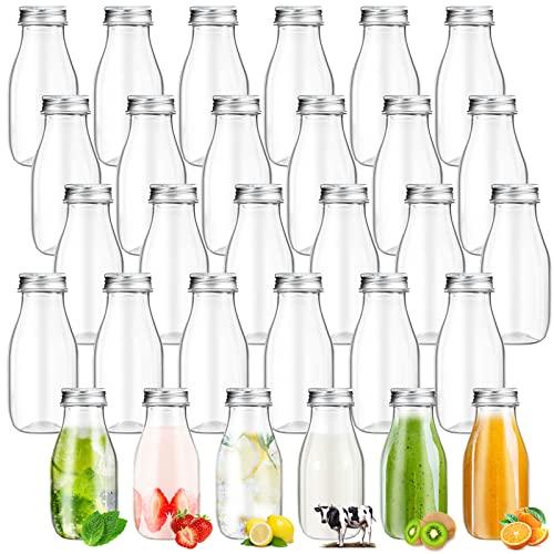 Roshtia 30 Pack Silver 4oz 120ml Plastic Mini Milk Bottles Bulk Juice Shot Bottles with Lids Small Beverage Drink Containers for Restaurants Desserts Milk Iced Milkshakes Homemade