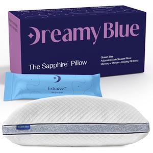 DreamyBlue Gusseted SAPPHIRE Pillow  Adjustable Loft, Luxury Cover, Shredded Memory Foam Fill w/Airflow Beads Ideal For Wide Shoulders Neutral Alignment for All  CertiPUR-US Certified Foam (Queen)
