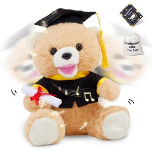 Graduation Teddy Bear Class of 2026, 10 Inch Singing Dancing Plush Toy with Nodding Head, Stuffed Animal Grad Bear with Cap and Certificate, Gift for Kindergarten High School College Graduates