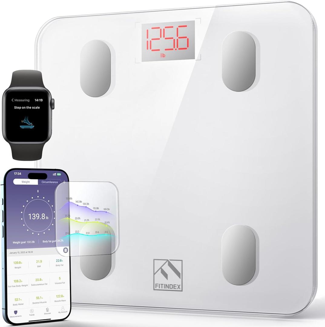 FITINDEX Smart Scale for Body Weight, Scale with BMI, Body Fat, Muscle Mass, Bluetooth,13 Body Composition Analyzer, Sync APP, Digital Bathroom, FSA HSA Eligible, 400lb, White (10.2"/260mm)