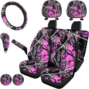 KEIAHUAN Pink Camo Front and Rear Bench Seat Cover Full Set,Camouflage Steering Wheel Cover,Car Headrest Cover,Coaster,Gear Shift Knob Cover with Handbrake Cover,Car Accessories Set