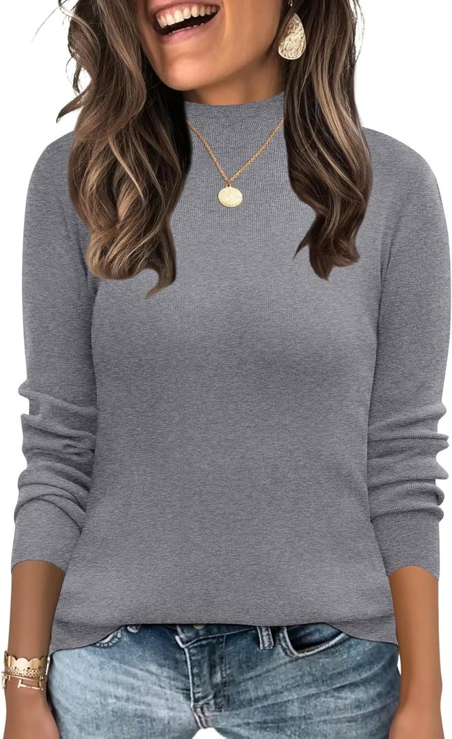 LOMON Mock Neck Tops for Women Long Sleeve Dressy Casual Lightweight Basic Knitted Pullover Sweater S-XL (L)