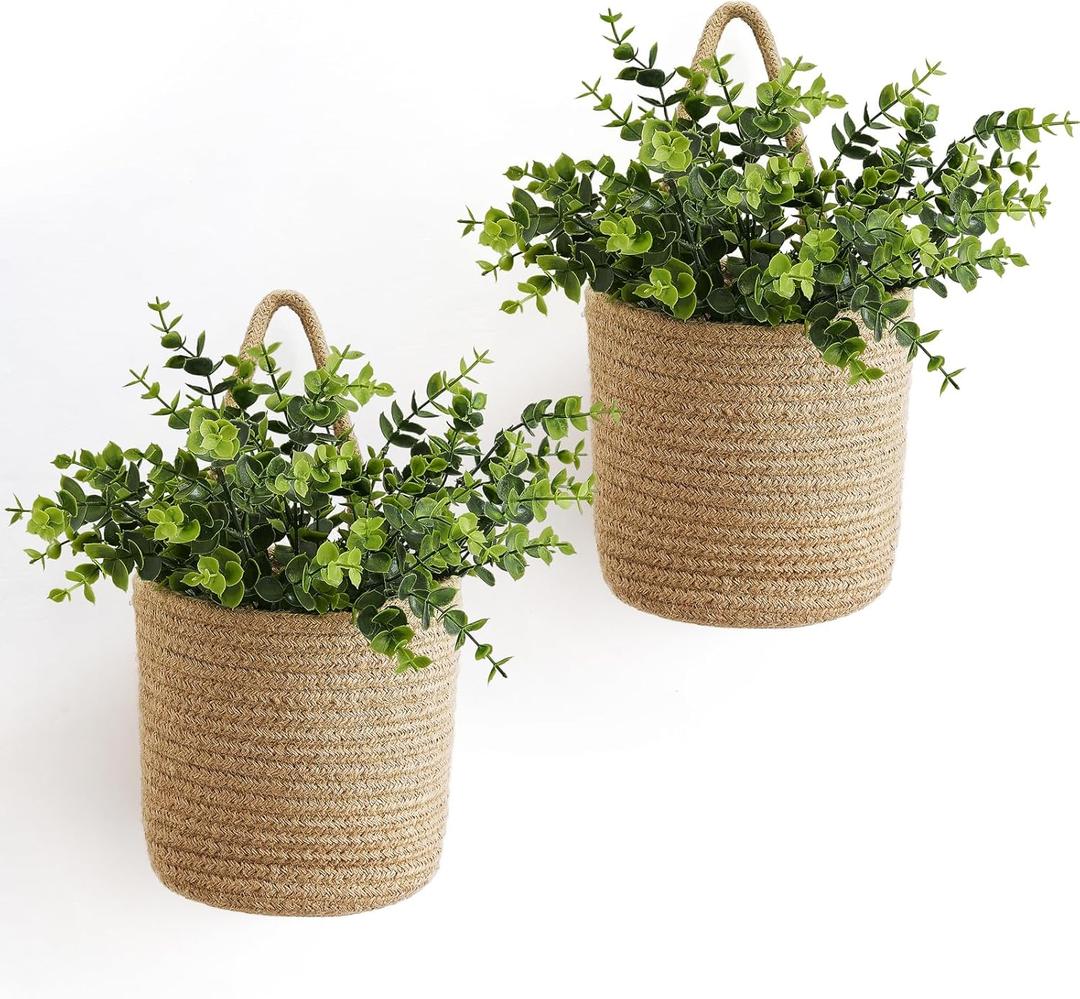 Dahey 2 Pack Wall Hanging Rope Basket (6.5"W7"H) with Artificial Eucalyptus, Jute Woven Storage Organizer Flower Plants Basket Farmhouse Rustic Wall Decor for Porch Living Room Bedroom Entryway,Brown