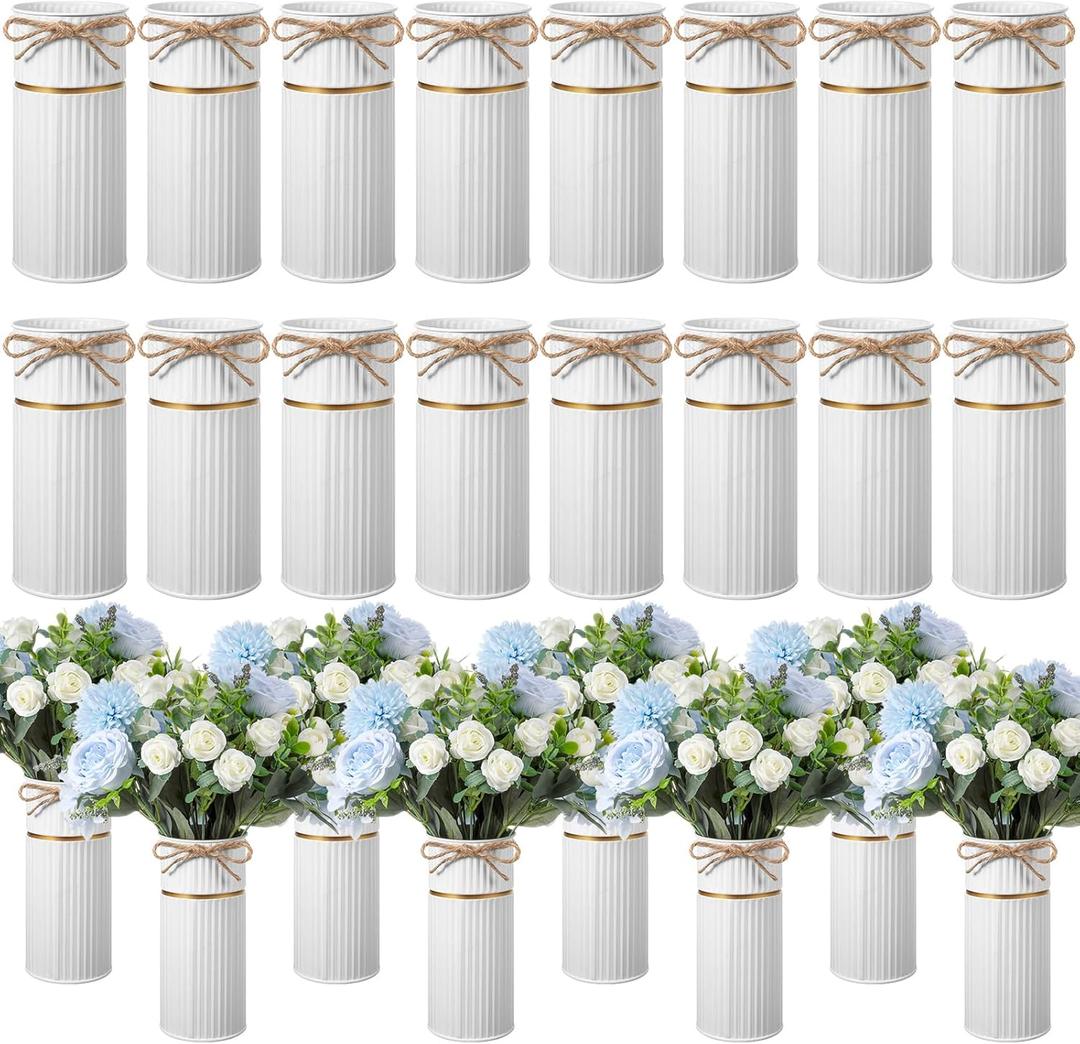 Mimorou 16 Pcs 7.48 Inch Wedding Vases for Centerpieces Mason Jars with Twine Bow Galvanized Metal Flower Vase Rustic Vintage Farmhouse Tin Bucket for Wedding Home Table (White)