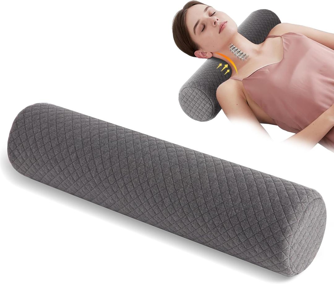Neck Roll Pillow, Cervical Roll Pillow with Liner and Washable Zippered Cover, Round Neck Pillows, Bolster Pillow for Sleeping, Ideal Cylinder Pillow for Spine, Neck and Back - Grey