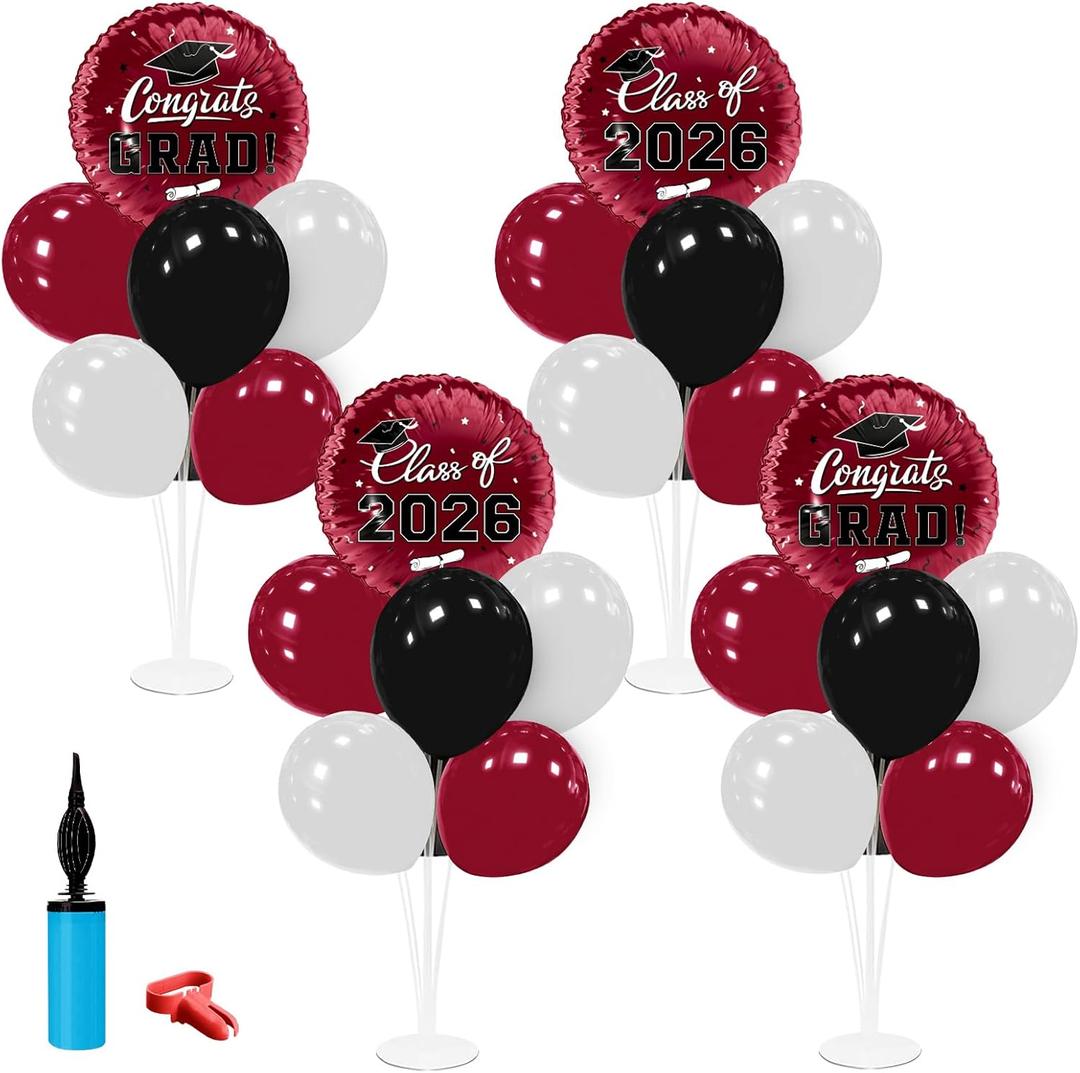 Graduation Decorations - 4 Set Balloon Stands, Class of 2026 Congrats Grad Table Centerpieces for Graduation Party Supplies(Maroon& Black)